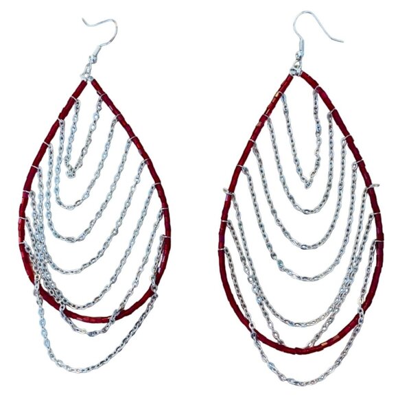 Red Beaded Teardrop Hoop Earrings with Silver Chains Boho Handmade Jewelry 3.5" - Picture 1 of 6